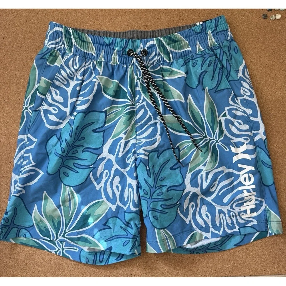 Hurley Men's Hana Bay Blue Volley Swim Trunks Elastic Waist Sz S‎ NWT